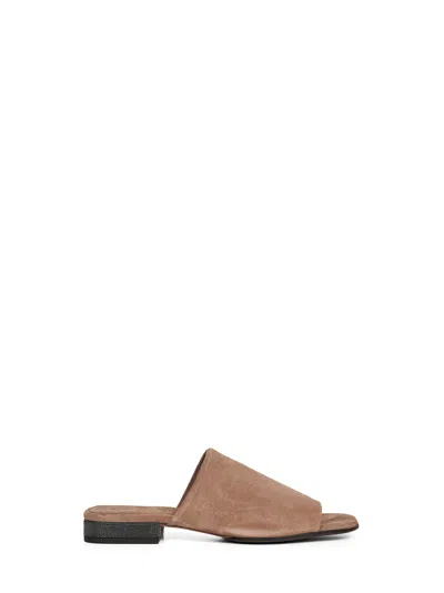 Brunello Cucinelli Women Brown Suede Mules With Monili