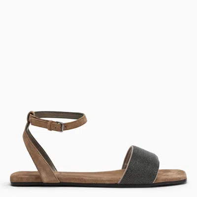 Brunello Cucinelli Bead-embellished Suede Sandals In Brown