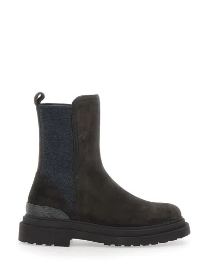 Brunello Cucinelli Brown Suede Slip-on Boots In Black