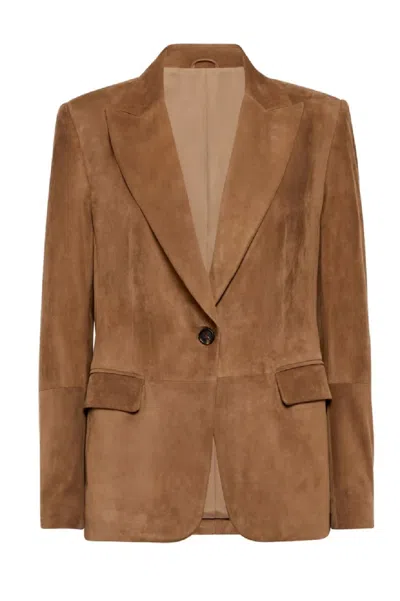 Brunello Cucinelli Brown Suede Tailored Blazer With Notched Lapels