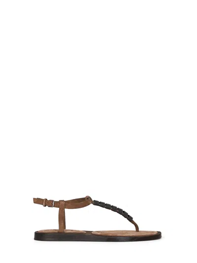 Brunello Cucinelli Brown Suede Thong Sandals With Monili