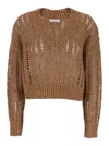 Brunello Cucinelli Brown Sweater With V-neck And Open Stitch