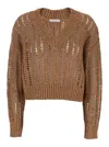 Brunello Cucinelli Brown Sweater With V-neck And Open Stitch In Linen And Silk Blend Woman In Brown