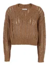 Brunello Cucinelli Brown Sweater With V-neck And Open Stitch In Linen And Silk Blend Woman In Brown