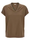 Brunello Cucinelli Rolled Cuffs V-neck Short Sleeve Top In Burgundy