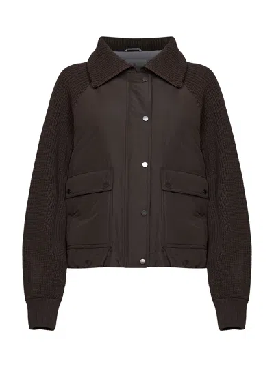 Brunello Cucinelli Brown Techno Taffeta And Knit Down Jacket With Shiny Zipper Pull