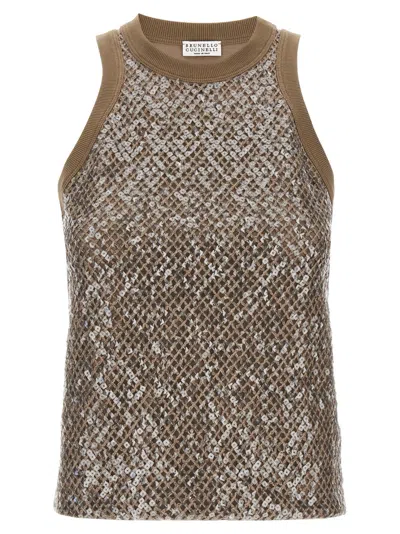 BRUNELLO CUCINELLI BROWN TOP DAZZLING NET EMBROIDERY