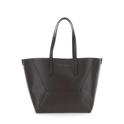 Brunello Cucinelli Brown Tote Bag With Logo Lettering On The Front And Geometric Panels Design In Le