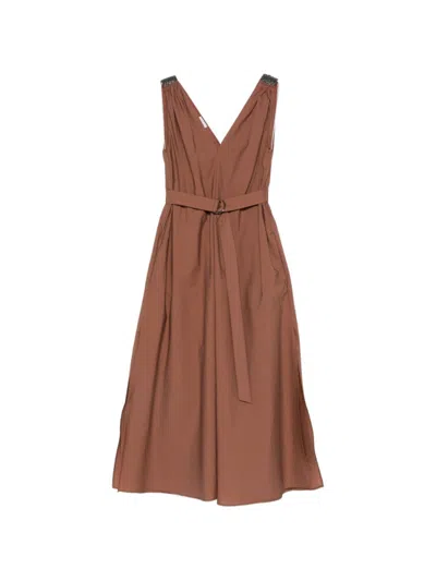 Brunello Cucinelli Brown V Neck Midi Dress