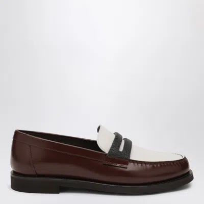 BRUNELLO CUCINELLI BROWN/WHITE LOAFERS WITH PRECIOUS CLAMP
