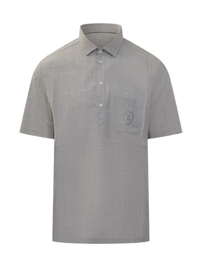 Brunello Cucinelli Virgin Wool Poplin Polo Shirt In Gray