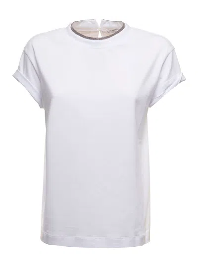 BRUNELLO CUCINELLI BRUNELLO CUCINELLI WOMEN BRUNELLO CUCINELLI WOMAN'S WHITE COTTON T-SHIRT WITH MONILE CREW NECK