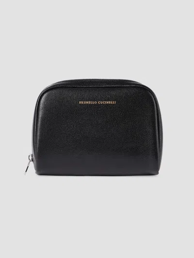 Brunello Cucinelli Brushed Leather Slim Beauty Case In Black