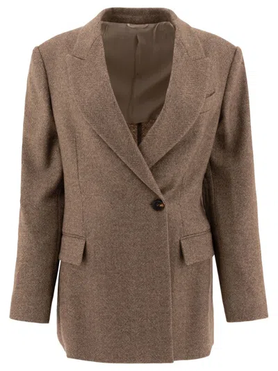 Brunello Cucinelli Women Brushed Techno Wool Chevron Blazer With Monili In Brown