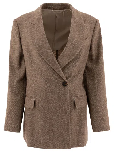 Brunello Cucinelli Brushed Techno Wool Chevron Blazer With Monili Jackets Brown