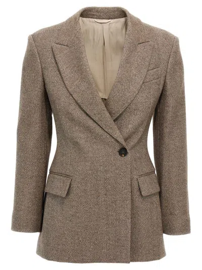 Brunello Cucinelli Brushed Techno Wool Chevron Blazer With Monili In Brown