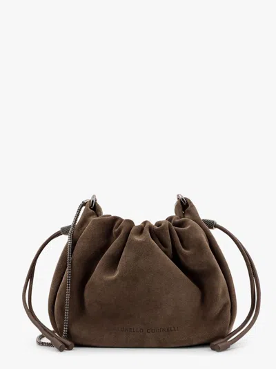 BRUNELLO CUCINELLI BUCKET MELLOW SUEDE SHOULDER BAG WITH PRECIOUS CHAIN