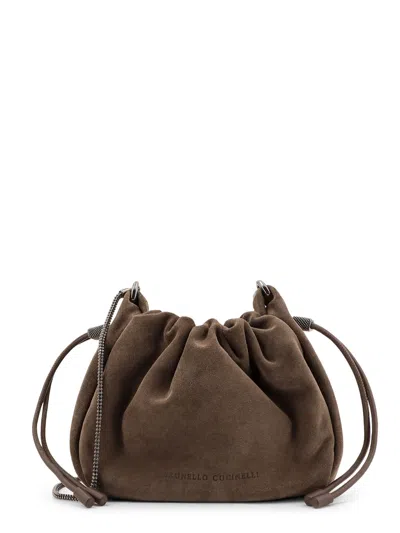 Brunello Cucinelli Bucket Mellow Suede Shoulder Bag With Precious Chain In Brown