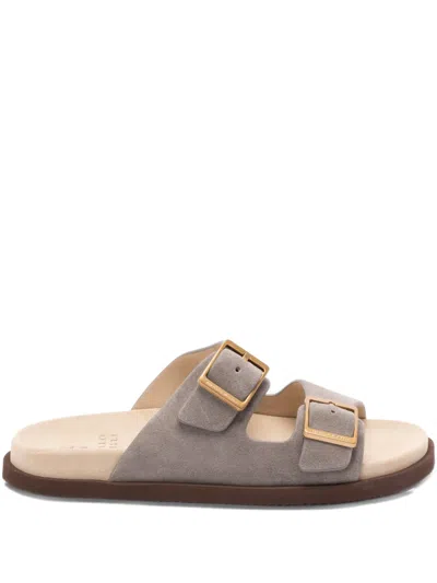 Brunello Cucinelli Urban Slides Open Toe Flat Sole Suede In Gray