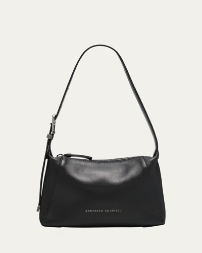 Brunello Cucinelli Buckle Zip Leather Shoulder Bag In Black