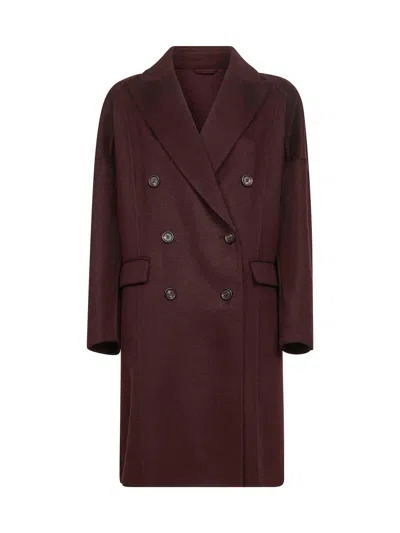 BRUNELLO CUCINELLI BURGUNDY CASHMERE DOUBLE-BREASTED COCOON COAT