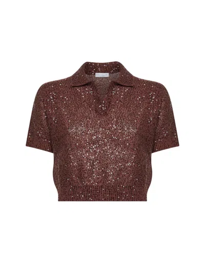 Brunello Cucinelli Burgundy Dazzling Texture Knit Cropped Polo Shirt In Brown