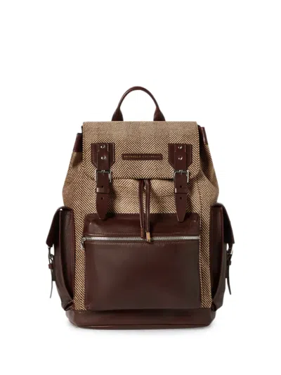 Brunello Cucinelli Burnished Calfskin And Chevron-effect Techno Fabric City Backpack In Brown