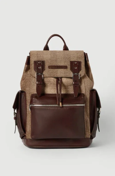 Brunello Cucinelli Burnished Calfskin And Chevron-effect Techno Fabric City Backpack In Brown