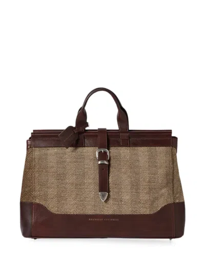 Brunello Cucinelli Burnished Calfskin And Chevron-effect Techno Fabric Doctor Bag In Red