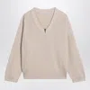 Brunello Cucinelli V-neck Rib Knit Sweater With Monili-insert In Neutral