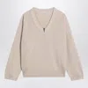 Brunello Cucinelli V-neck Rib Knit Sweater With Monili-insert In Neutral