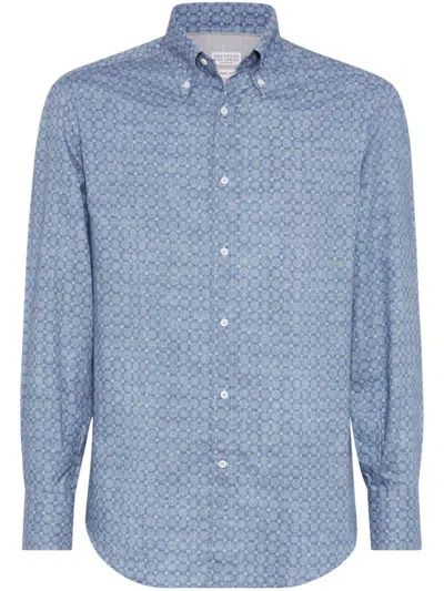 Brunello Cucinelli Button-down Collar Shirt With Box-pleat Detail In Blue