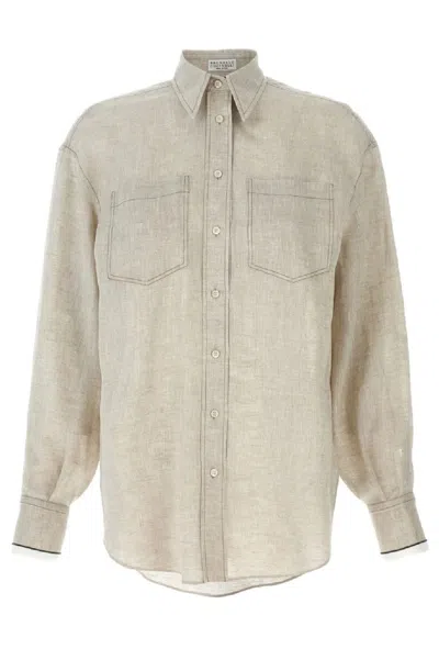 Brunello Cucinelli Button-down Long-sleeved Shirt With Textured Fabric In Neutral