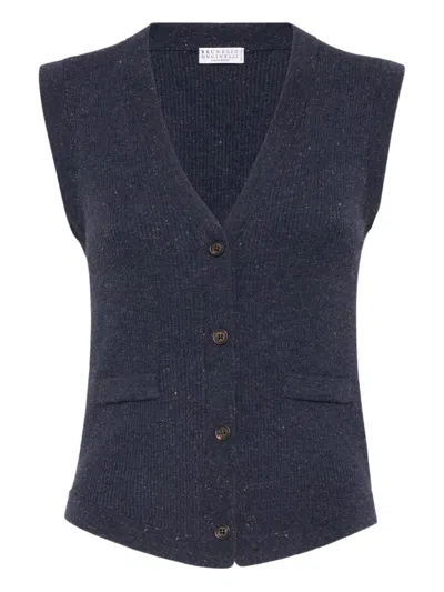 Brunello Cucinelli Slim Fit V-neck Knitted Waistcoat In Cashmere Blend With Lurex In Blue