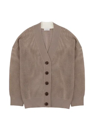 Brunello Cucinelli Beige Knitted V Neck Cardigan In Brown
