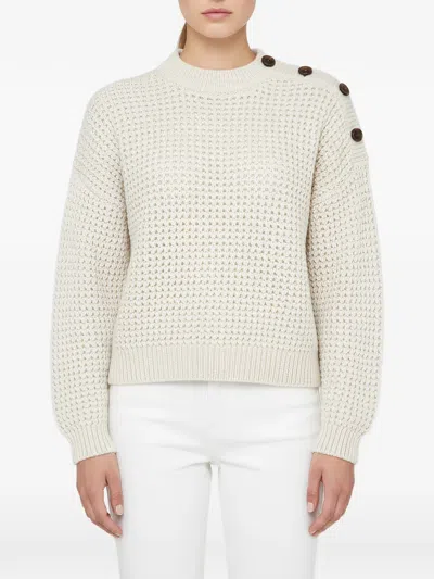 Brunello Cucinelli Crochet Sweater Crew Neck Button Detail In White