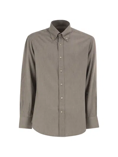 Brunello Cucinelli Herringbone Cotton Blend Shirt Structured Collar In Gray