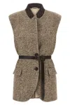 Brunello Cucinelli Waist Belted Lapel Sleeveless Textured Jacket In Brown
