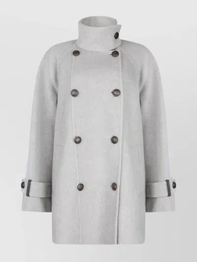 Brunello Cucinelli Buttoned Collar Long Sleeve Coat With Pockets In Gray