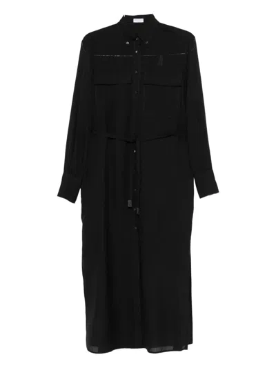 Brunello Cucinelli Midi Shirtdress With Long Sleeves And Pockets In Black
