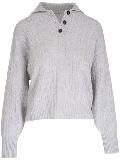 Brunello Cucinelli Buttoned Placket Cable Knit Jumper In Grey