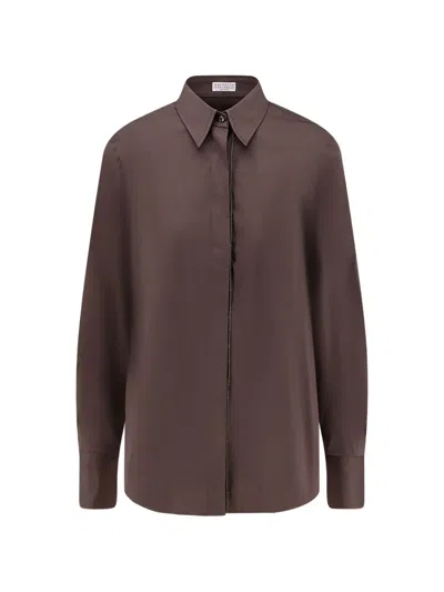 Brunello Cucinelli Stretch Cotton Poplin Shirt With Shiny Collar In Brown