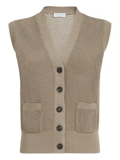 Brunello Cucinelli Cotton-blend Knitted Sleeveless Cardigan In Brown
