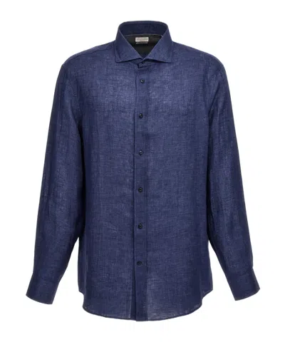 Brunello Cucinelli Buttoned-up Linen Shirt In Blue