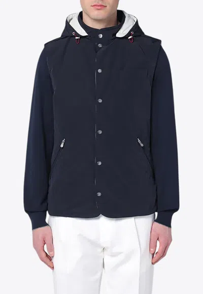 Brunello Cucinelli Buttoned Vest With Removable Hood In Blue