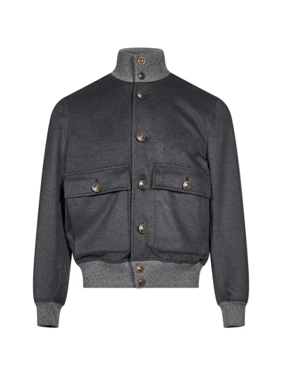 Brunello Cucinelli Button-up Bomber Jacket In Gray