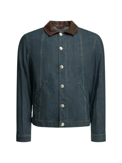 Brunello Cucinelli Lightweight Denim Jacket With Leather Collar In Blue