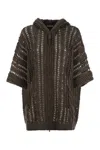 Brunello Cucinelli Cable & Mesh Jute And Cotton Cardigan With Hood And Shiny Zipper Pull In Brown