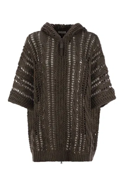 Brunello Cucinelli Cable & Mesh Jute And Cotton Cardigan With Hood And Shiny Zipper Pull In Brown