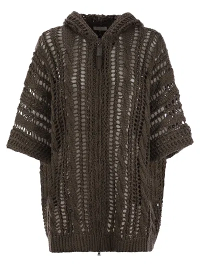 Brunello Cucinelli Cable & Mesh Jute And Cotton Cardigan With Hood And Shiny Zipper Pull In Brown